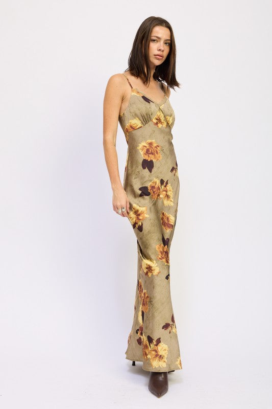Emory Park Satin Midi Slip Dress with Floral Print in Earthy Tones for Elegant Summer Looks