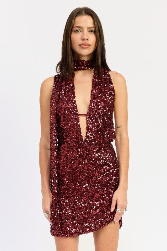 Emory Park Seqin Halter Scarf Mini Dress in burgundy with a deep neckline and sequin detailing