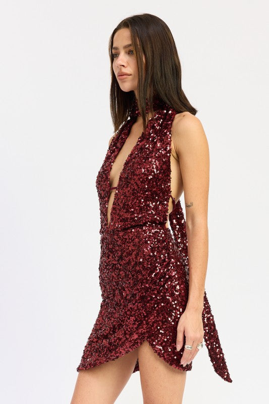 Emory Park Sequined Halter Scarf Mini Dress in Burgundy with a Unique Cut-Out Design