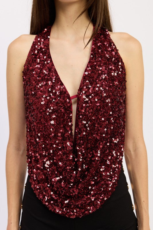 Emory Park Sequin Cowl Drape Halter Top in Burgundy with Shimmering Sequins for Night Out