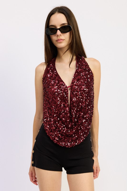 Emory Park Sequin Cowl Drape Halter Top in burgundy with stylish design for a glamorous look