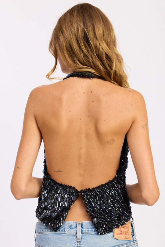 Emory Park Sequin Pailette Halter Top in black with an open back and stylish design for summer outings