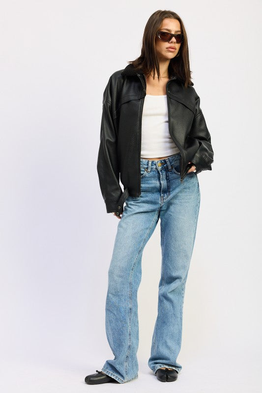Emory Park Shearling Collar Vegan Leather Jacket styled with jeans for a chic look