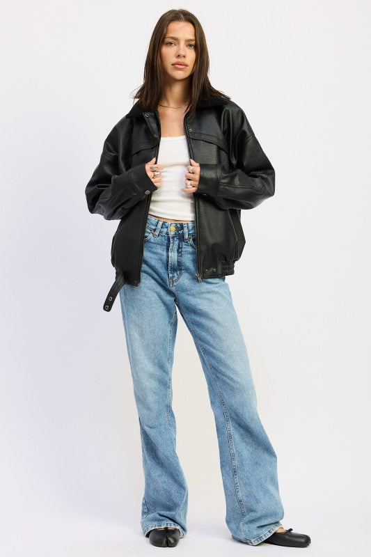 Emory Park Shearling Collar Vegan Leather Jacket styled with a white top and light blue jeans