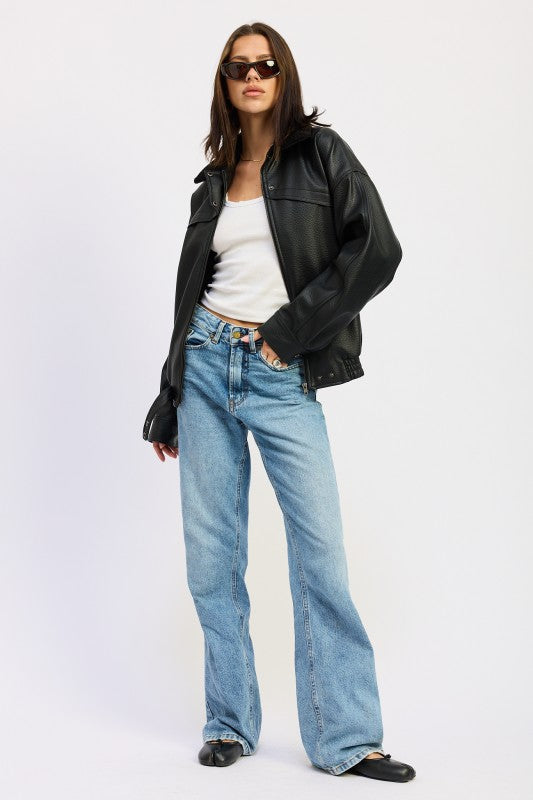 Emory Park Shearling Collar Vegan Leather Jacket in Black for a trendy and stylish look