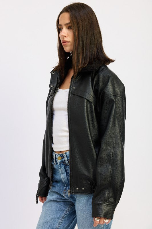 Emory Park Shearling Collar Vegan Leather Jacket in black with stylish oversized fit