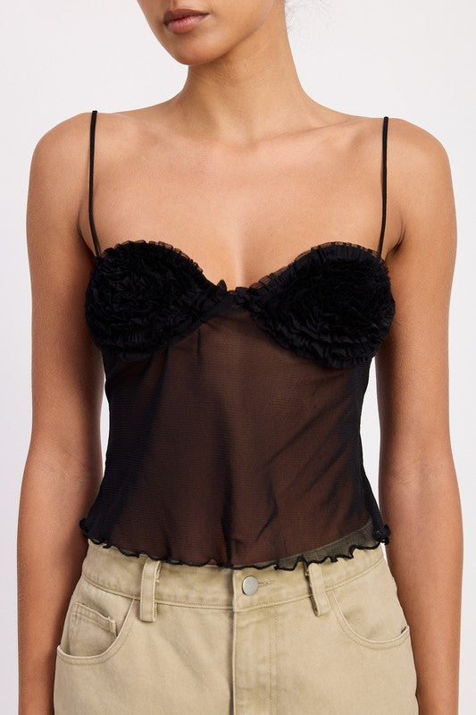 Emory Park Sheer Mesh Floral Cup Cami Top in black with floral textured cups and sheer bodice and thin straps