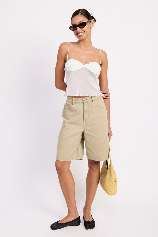 Model wearing Sheer Mesh Floral Cup Cami Top white sheer camisole with thin straps khaki bermuda shorts black flats and sunglasses