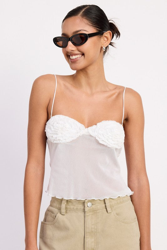Emory Park model wearing Sheer Mesh Floral Cup Cami Top in white with textured floral cups and thin straps