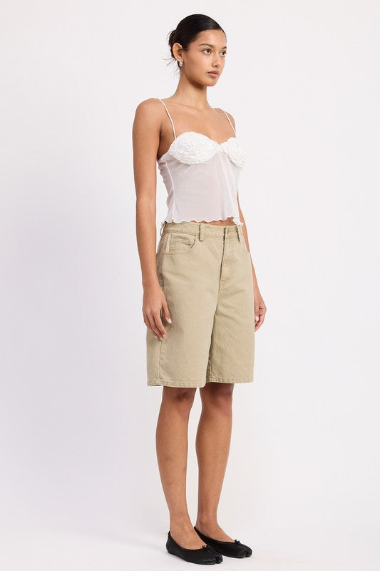 Emory Park model wearing Sheer Mesh Floral Cup Cami Top in white with khaki knee length shorts and black flats