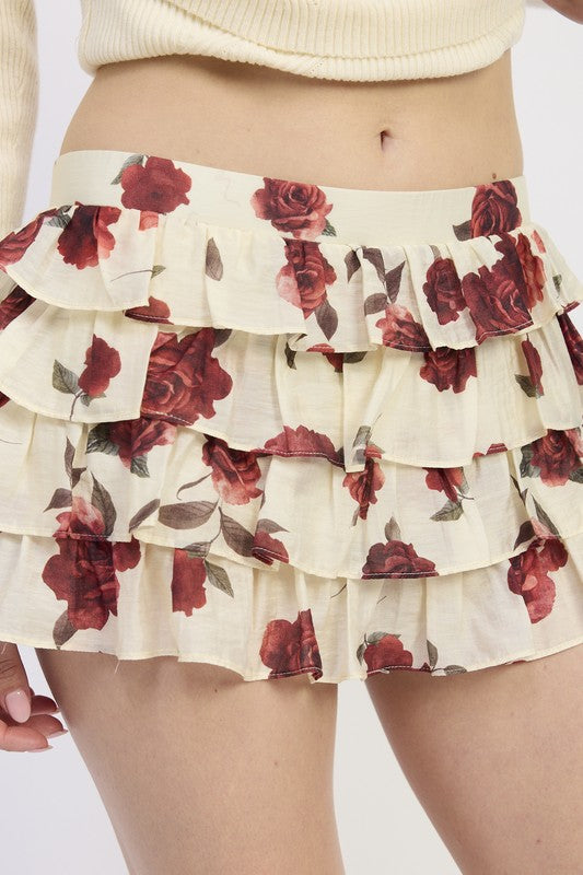 Emory Park Floral Mini Ruffle Skort in cream with red rose print layered ruffles short summer casual