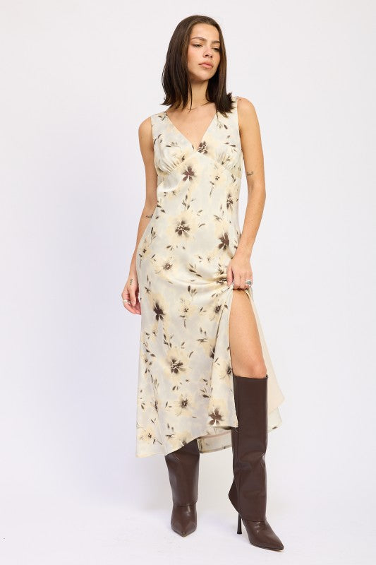 Emory Park V-Neck Floral Midi Bias Dress in cream floral with side slit and brown knee high boots
