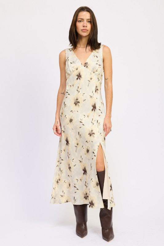 Emory Park V-Neck Floral Midi Bias Dress in cream with sleeveless silhouette side slit and flowy bias cut