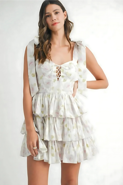 Floral Shoulder Tie Mini Dress with Ruffled Layers and Sweetheart Neckline