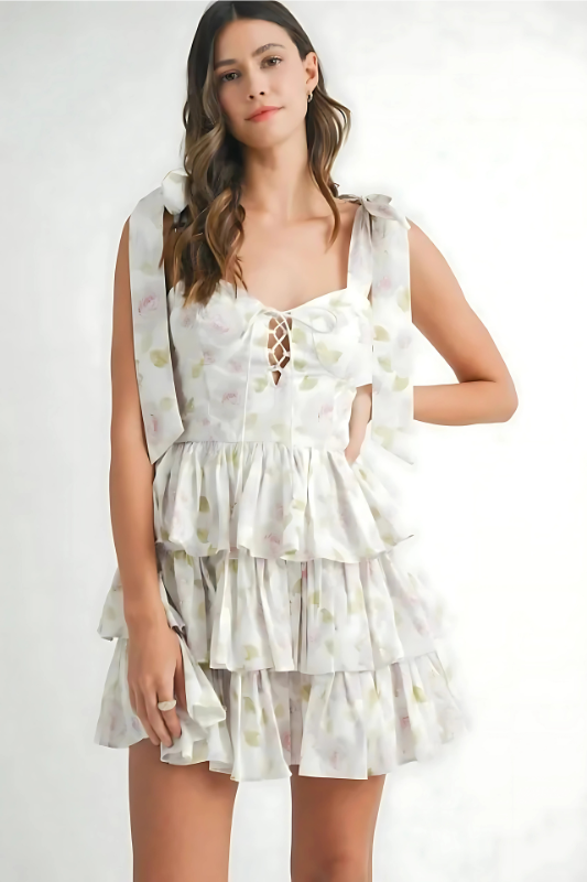 Floral Shoulder Tie Mini Dress with Ruffled Layers and Sweetheart Neckline