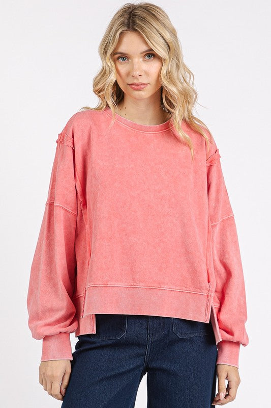 Trendy Side Slide Exposed Seam Sweatshirt in Pink with Relaxed Fit and Balloon Sleeves