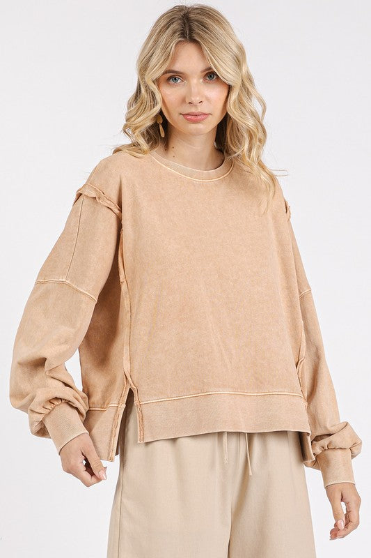 Side Slit Exposed Seam Sweatshirt in Light Beige with Relaxed Fit and Balloon Sleeves