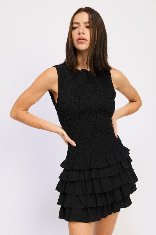 Emory Park Sleeveless Smocked Mini Dress With Ruffle in black featuring layered ruffles for a trendy look