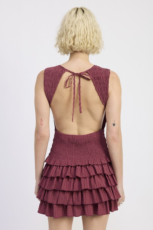 Emory Park Sleeveless Smocked Mini Dress With Ruffle in Burgundy featuring an open back design