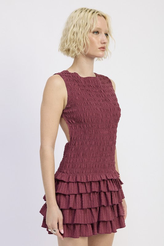 Emory Park Sleeveless Smocked Mini Dress With Ruffle in Burgundy with a stylish tiered design