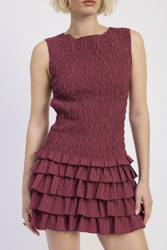 Emory Park Sleeveless Smocked Mini Dress With Ruffle in Burgundy featuring a tiered design and stylish fit