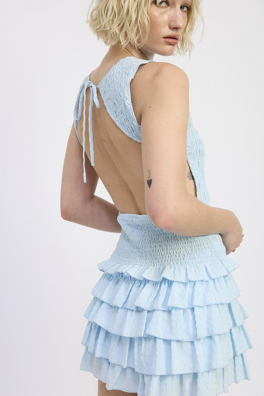 Emory Park Sleeveless Smocked Mini Dress With Ruffle in light blue featuring a back tie detail