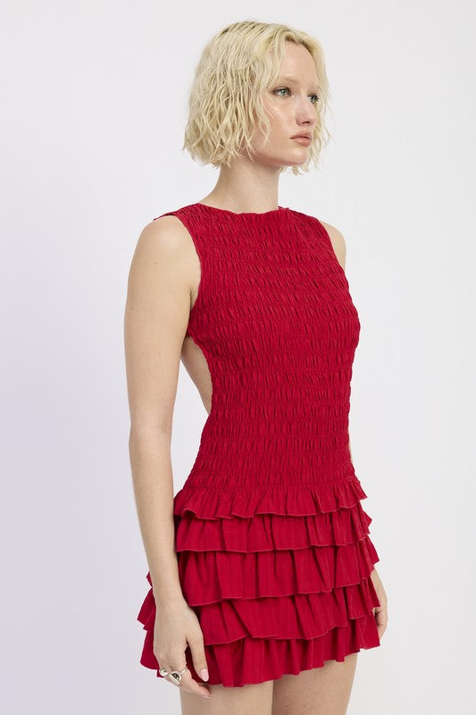 Stylish red Sleeveless Smocked Mini Dress With Ruffle featuring a flattering silhouette and layered design