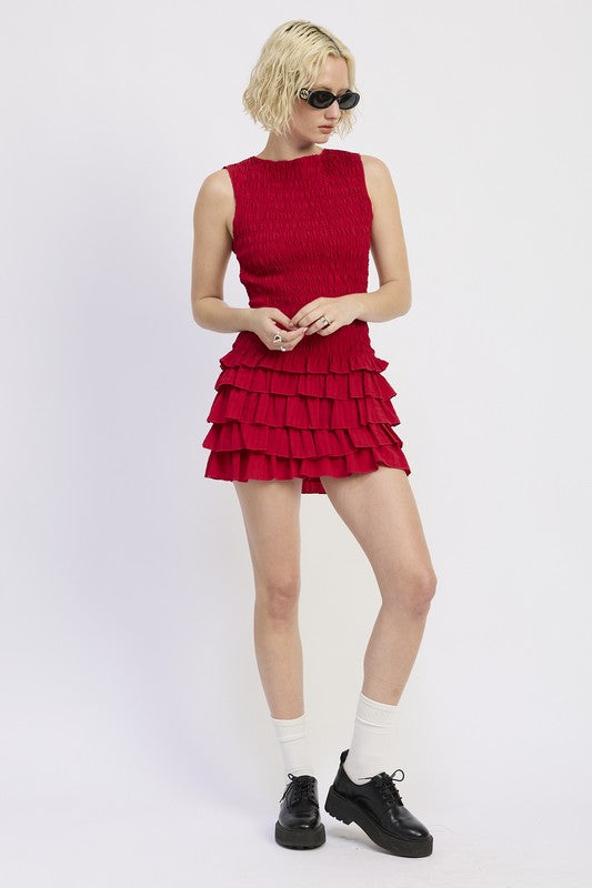 Stylish Sleeveless Smocked Mini Dress With Ruffle in vibrant red, perfect for summer outings.