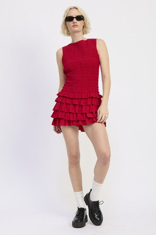 Emory Park Sleeveless Smocked Mini Dress With Ruffle in Red featuring tiered ruffles and a fitted bodice