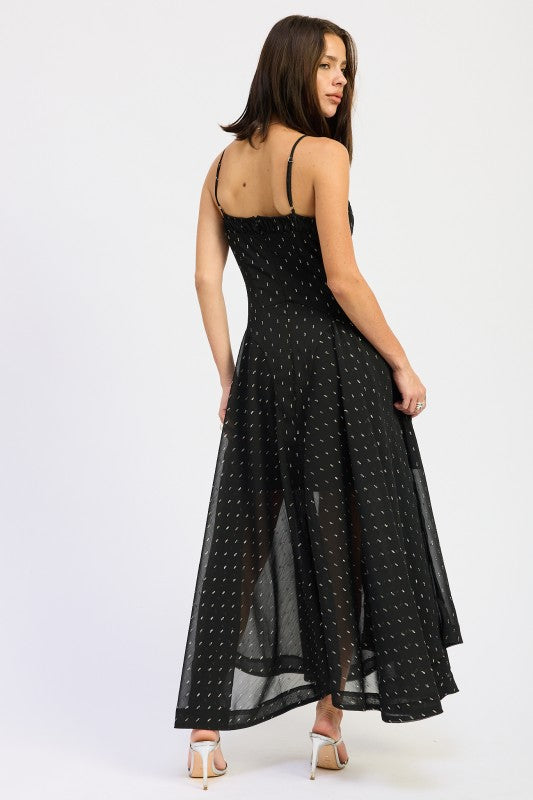 Emory Park Spaghetti Strap A-Line Maxi Dress in Black with a Flowing Design and Dotted Pattern
