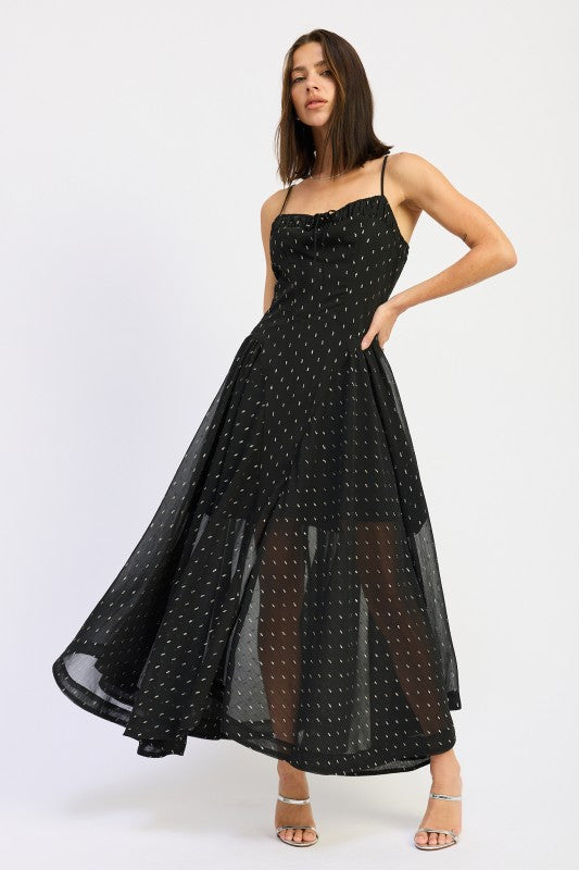 Emory Park Spaghetti Strap A-Line Maxi Dress in black with a flowing design and polka dot pattern