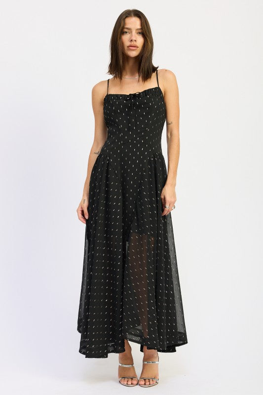 Emory Park Spaghetti Strap A-Line Maxi Dress in Black with Delicate Dot Pattern for Elegant Styling