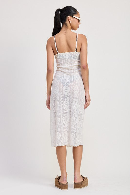 Emory Park Spaghetti Strap Lace Midi Dress in white worn by model showing back view with adjustable straps
