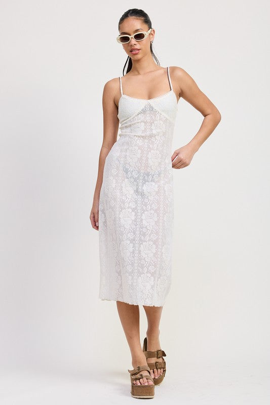 Emory Park Spaghetti Strap Lace Midi Dress in white worn with sunglasses and platform sandals