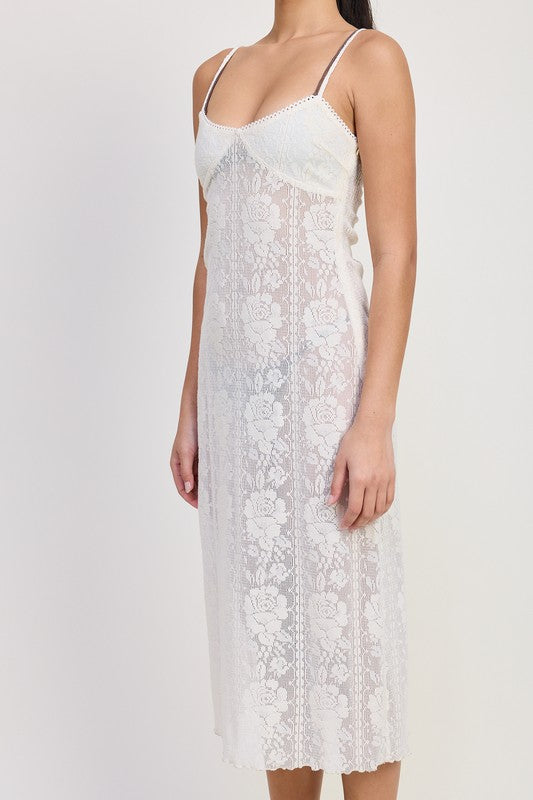 Emory Park white Spaghetti Strap Lace Midi Dress with floral lace detailing and fitted silhouette