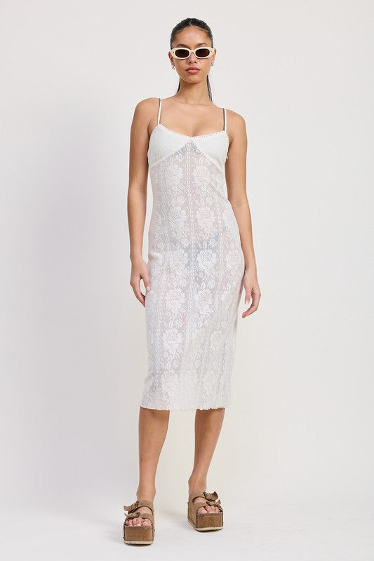Emory Park Spaghetti Strap Lace Midi Dress in white worn with platform sandals and sunglasses
