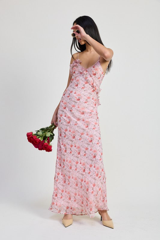 Emory Park pink floral Spaghetti Strap Maxi Dress worn by model holding red roses