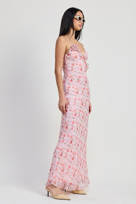 Emory Park pink floral spaghetti strap maxi dress with ruffle details and fitted silhouette