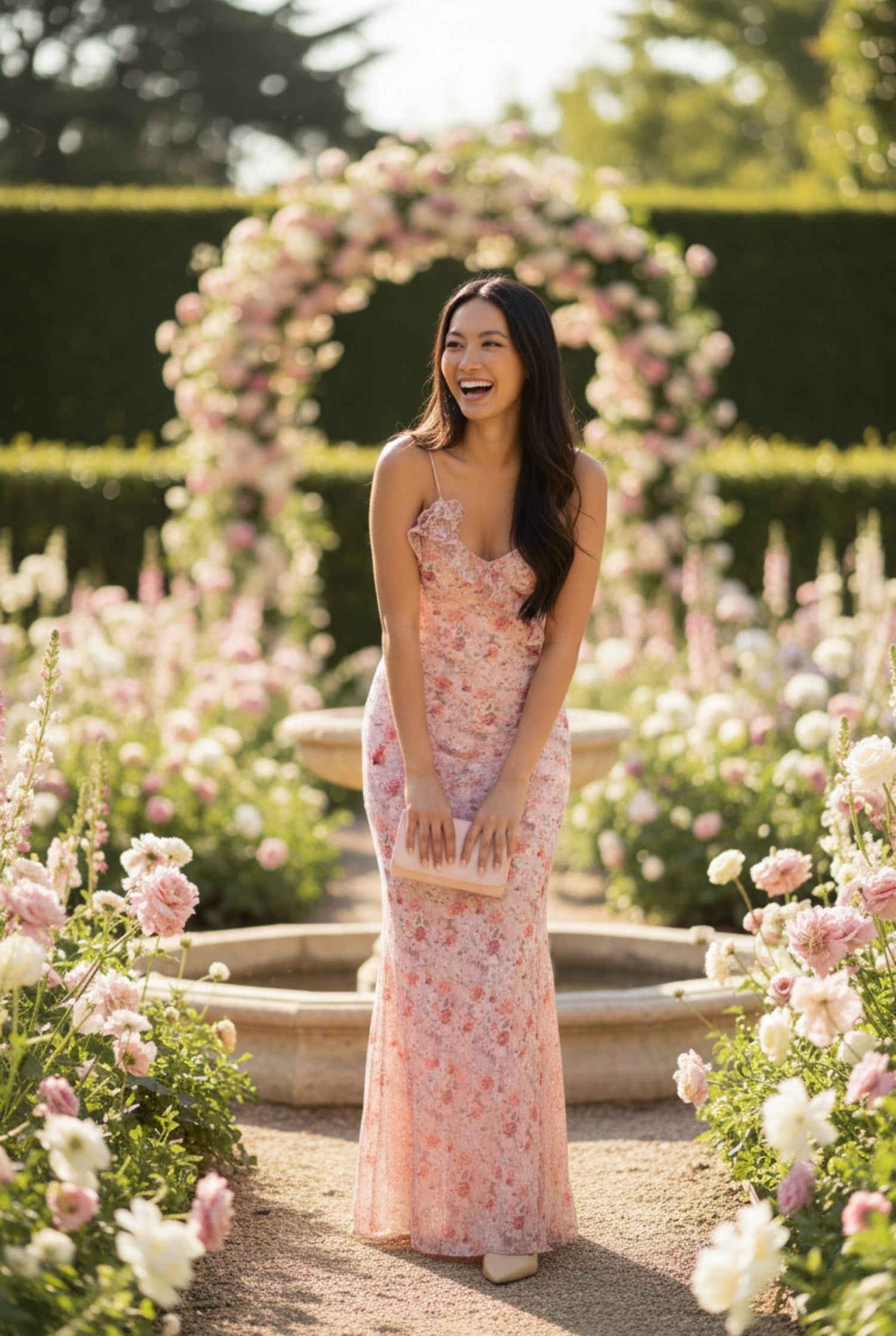 Model wearing Emory Park spaghetti strap maxi Pink dress with floral pattern laughing outdoor floral garden wedding