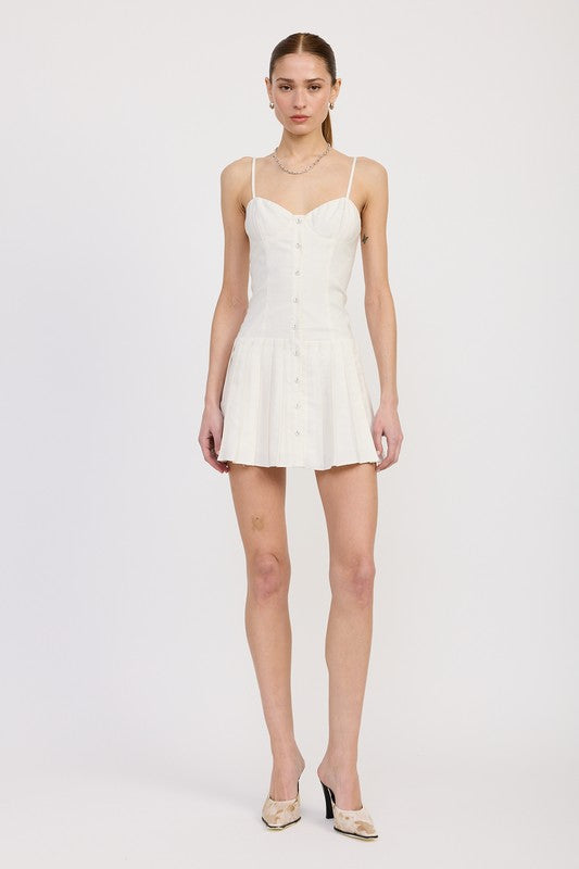 Emory Park Spaghetti Strap Pleated Mini Dress in white with button front and fitted bodice front