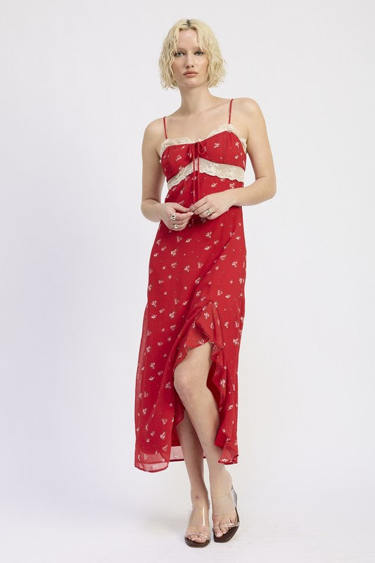 Emory Park Spaghetti Strap Ruffle Maxi Dress in Red with Floral Patterns and a Flattering Silhouette