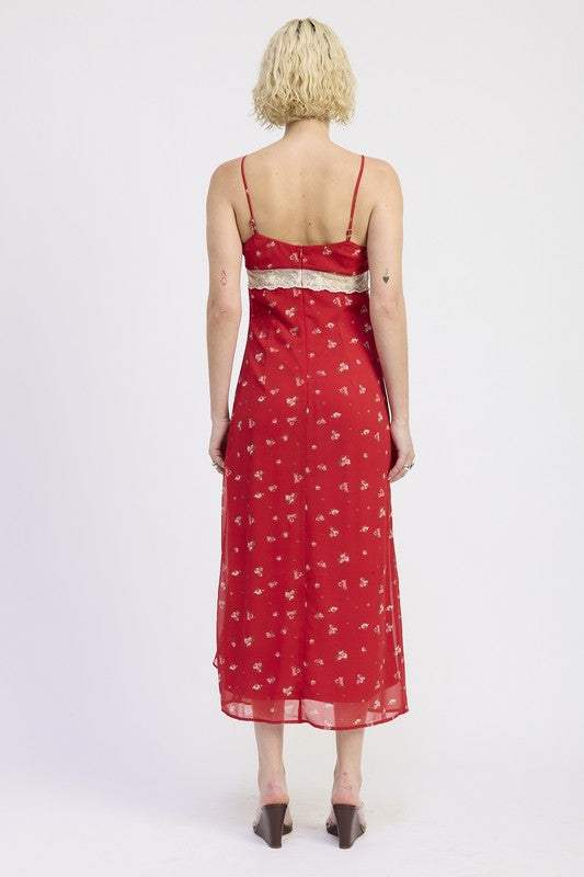 Back view of Emory Park Spaghetti Strap Ruffle Maxi Dress in red with floral patterns and a flowing design