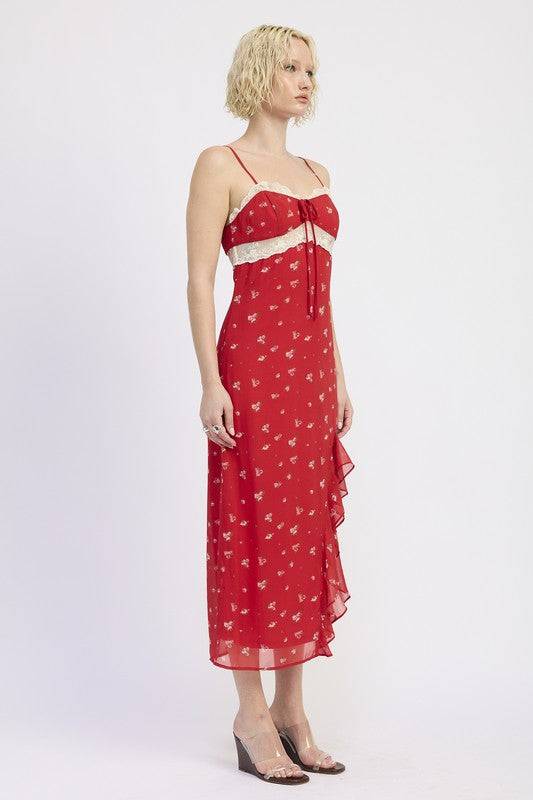 Emory Park Spaghetti Strap Ruffle Maxi Dress in red floral pattern with a flowing design.