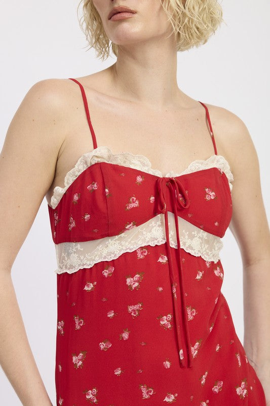 Emory Park Spaghetti Strap Ruffle Maxi Dress in Red with Floral Print and Lace Details