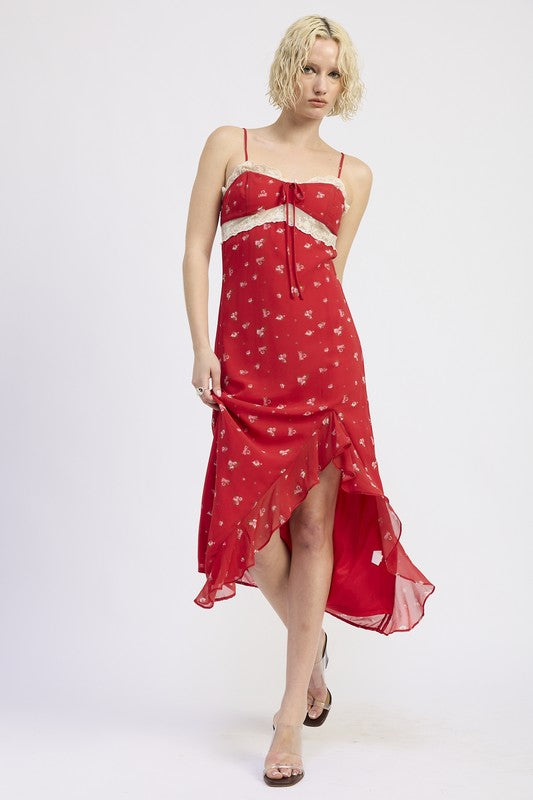 Emory Park Spaghetti Strap Ruffle Maxi Dress in red with floral patterns and high-low hem