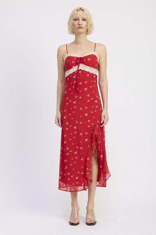 Emory Park Spaghetti Strap Ruffle Maxi Dress in Red with Floral Print and Side Slit for a Stylish Summer Look
