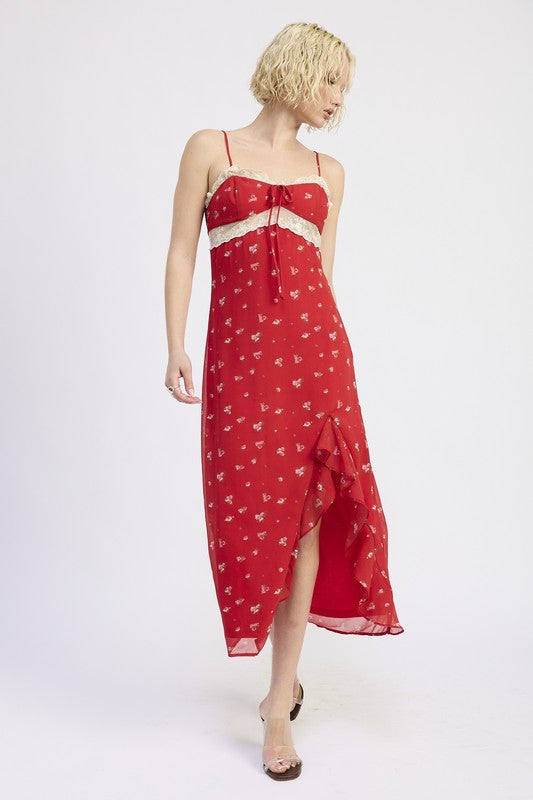 Emory Park Spaghetti Strap Ruffle Maxi Dress in Red with Floral Design and Asymmetrical Hemline