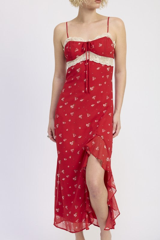 Emory Park Spaghetti Strap Ruffle Maxi Dress in red with floral print and lace detail