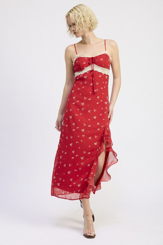 Emory Park Spaghetti Strap Ruffle Maxi Dress in Red with Floral Print and Slit Detail