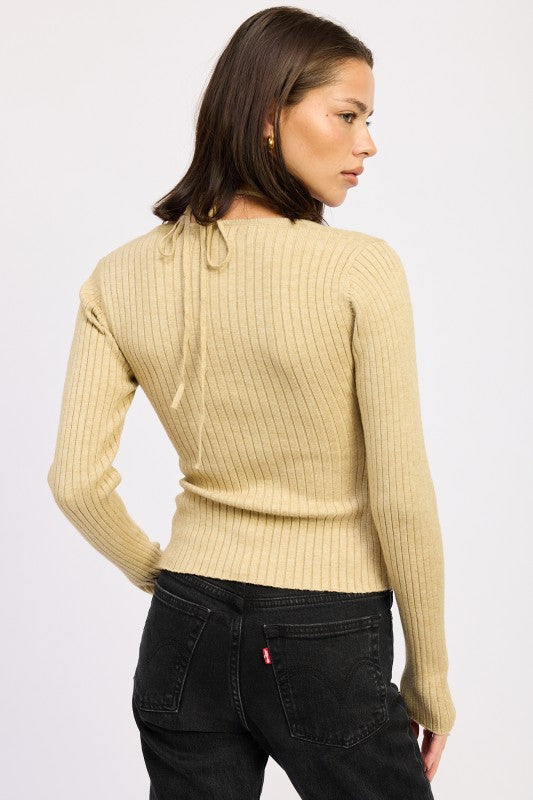 Emory Park Squared Neck Knit Top with Cut Out in beige, featuring a stylish ribbed design and back tie detail